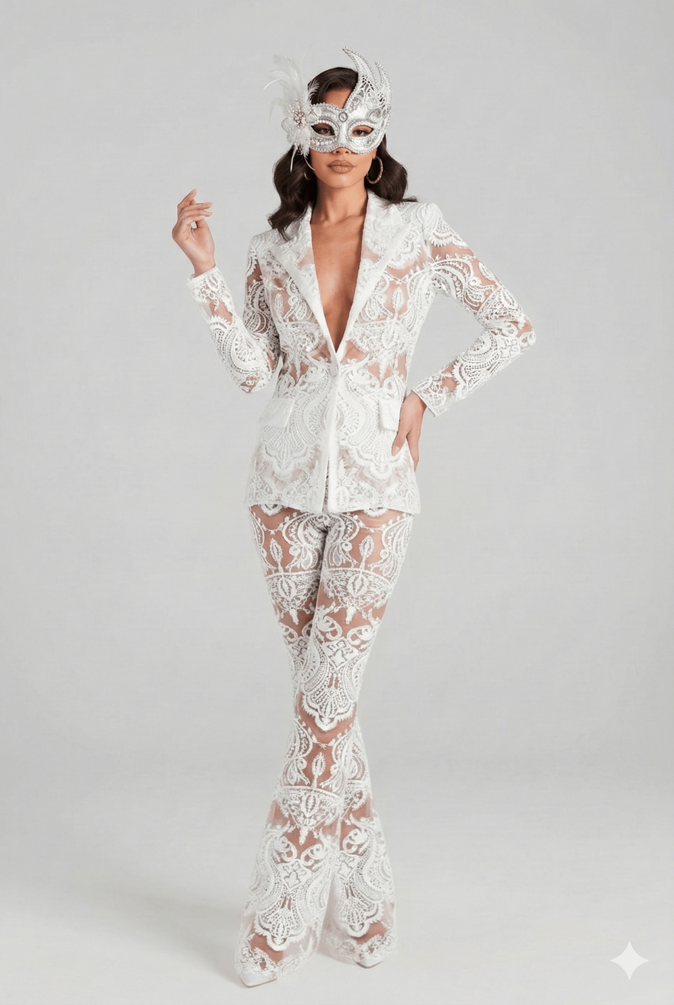 Lace Sequin V - Neck Tuxedo Suit by Luxe Lane | Pant Suits from Luxe Lane | SKU:  | Barcode:  | Options: White S | Person wearing a white lace outfit with a matching mask on a gray background