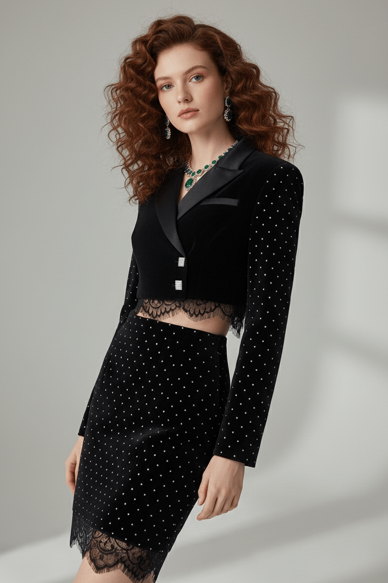 Lace Trim Velvet Blazer Two - Piece Set by Luxe Lane | one set from Luxe Lane | SKU: -1 | Barcode:  | Options: Black XS(0) | Woman wearing a black blazer with lace details on a gray background