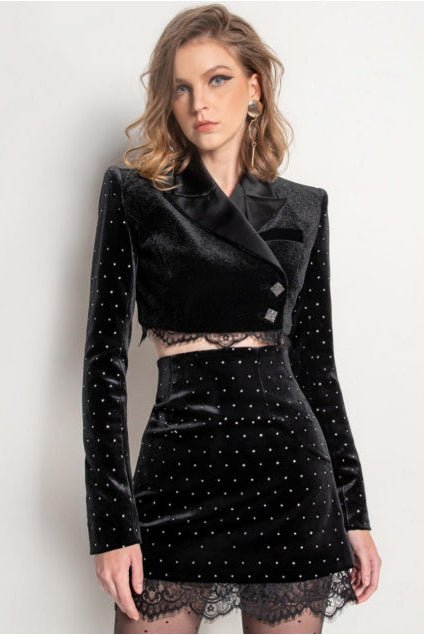 Lace Trim Velvet Blazer Two - Piece Set by Luxe Lane | one set from Luxe Lane | SKU: -1 | Barcode:  | Options: Black XS(0) | Custom Winter Long Sleeve Dress Ladies Skirt Suits Black Lace Women Mini Blazers Two Piece Set