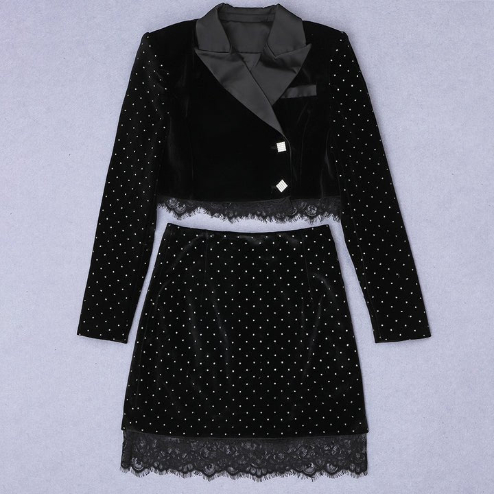 Lace Trim Velvet Blazer Two - Piece Set by Luxe Lane | one set from Luxe Lane | SKU: -1 | Barcode:  | Options: Black XS(0) | Custom Winter Long Sleeve Dress Ladies Skirt Suits Black Lace Women Mini Blazers Two Piece Set