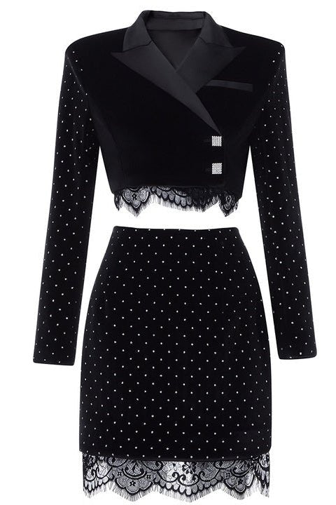 Lace Trim Velvet Blazer Two - Piece Set by Luxe Lane | one set from Luxe Lane | SKU: -1 | Barcode:  | Options: Black XS(0) | Custom Winter Long Sleeve Dress Ladies Skirt Suits Black Lace Women Mini Blazers Two Piece Set