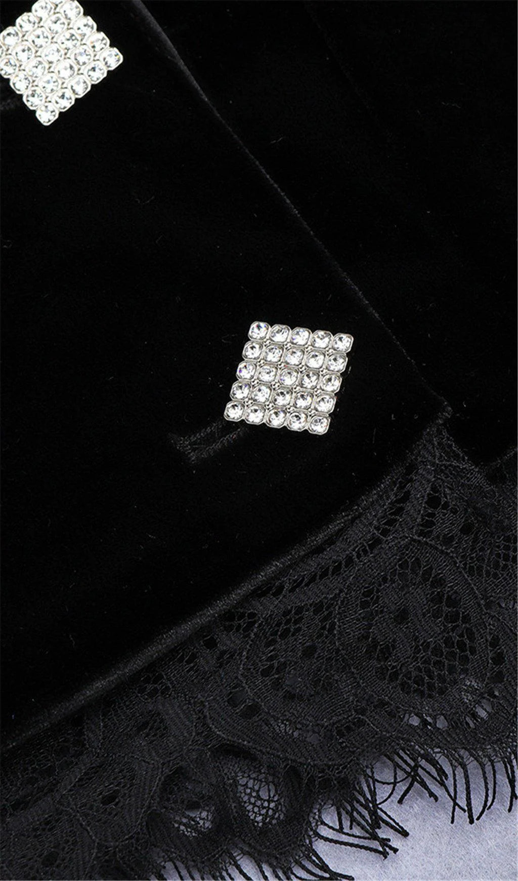 Lace Trim Velvet Blazer Two - Piece Set by Luxe Lane | one set from Luxe Lane | SKU: -1 | Barcode:  | Options: Black XS(0) | Lace Trim Velvet Blazer Two - Piece Set