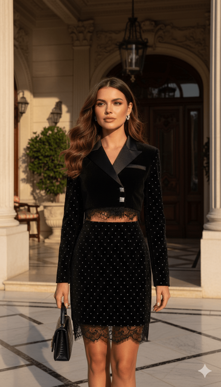 Lace Trim Velvet Blazer Two - Piece Setone setBlackXS(0)Luxe Lane