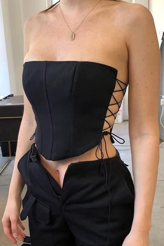 Lace - Up Side Split Corset Top by Luxe Lane | from Luxe Lane | SKU:  | Barcode:  | Options: Black S | Lace - Up Side Split Corset Top