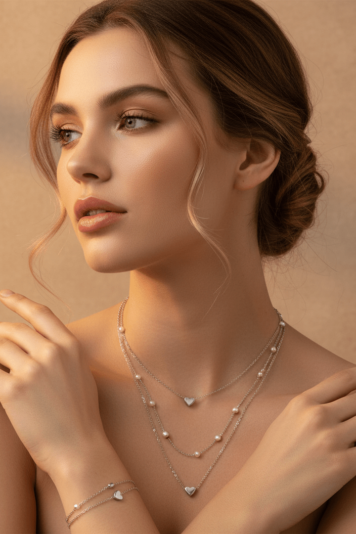 Layered Pearl Necklace & Bracelet Jewelry Set by CJ | 0 from Luxe Lane | SKU: CJLX256224702BY | Barcode:  | Options: Gold | Woman wearing a pearl necklace and bracelet against a soft beige background