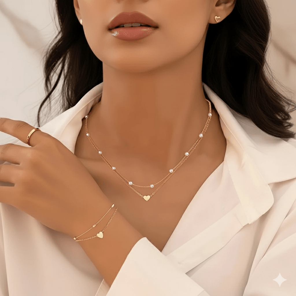 Layered Pearl Necklace & Bracelet Jewelry Set by CJ | 0 from Luxe Lane | SKU: CJLX256224702BY | Barcode:  | Options: Gold | Layered Pearl Necklace & Bracelet Jewelry Set