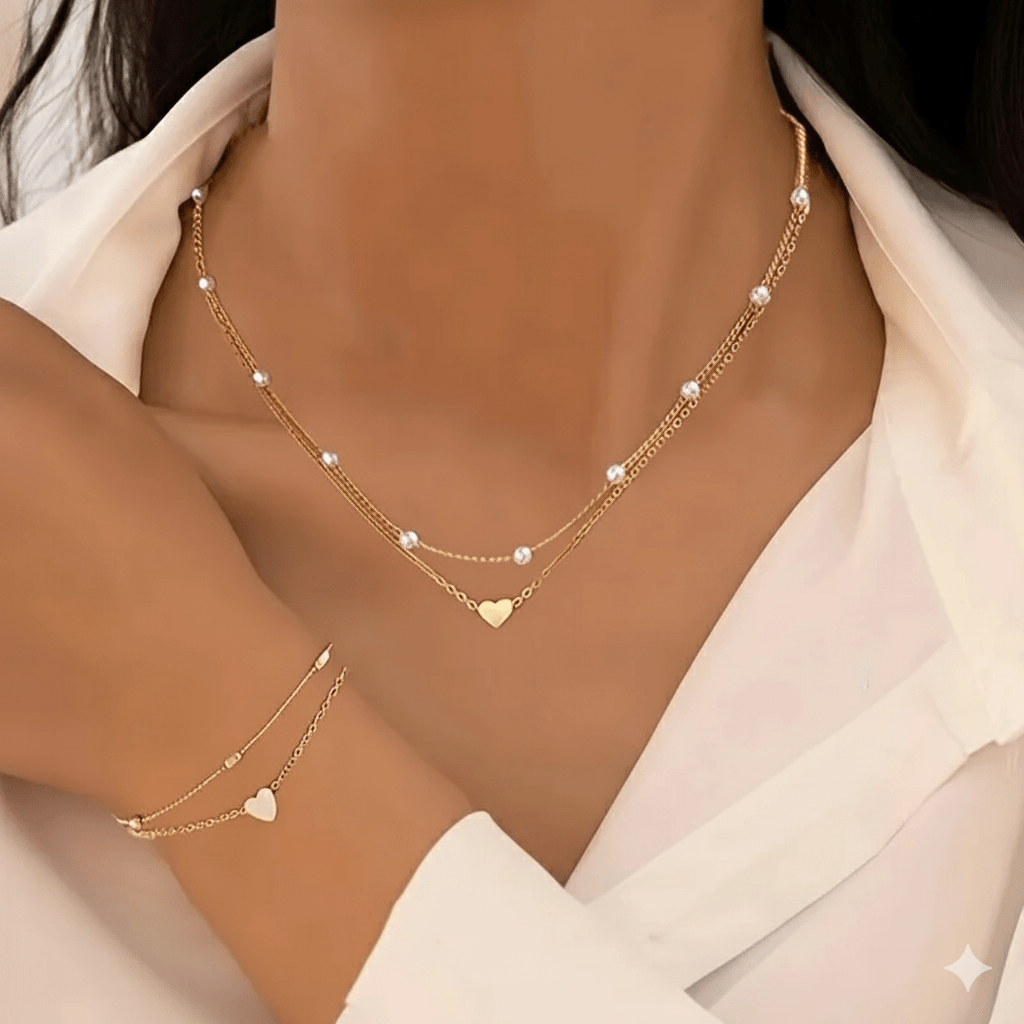 Layered Pearl Necklace & Bracelet Jewelry Set by CJ | 0 from Luxe Lane | SKU: CJLX256224702BY | Barcode:  | Options: Gold | Layered Pearl Necklace & Bracelet Jewelry Set