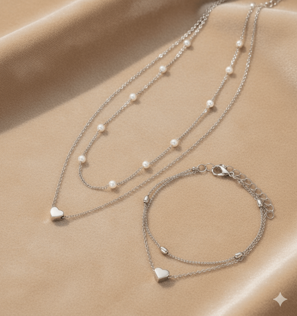 Layered Pearl Necklace & Bracelet Jewelry Set by CJ | 0 from Luxe Lane | SKU: CJLX256224703CX | Barcode:  | Options: Silver | Layered Pearl Necklace & Bracelet Jewelry Set