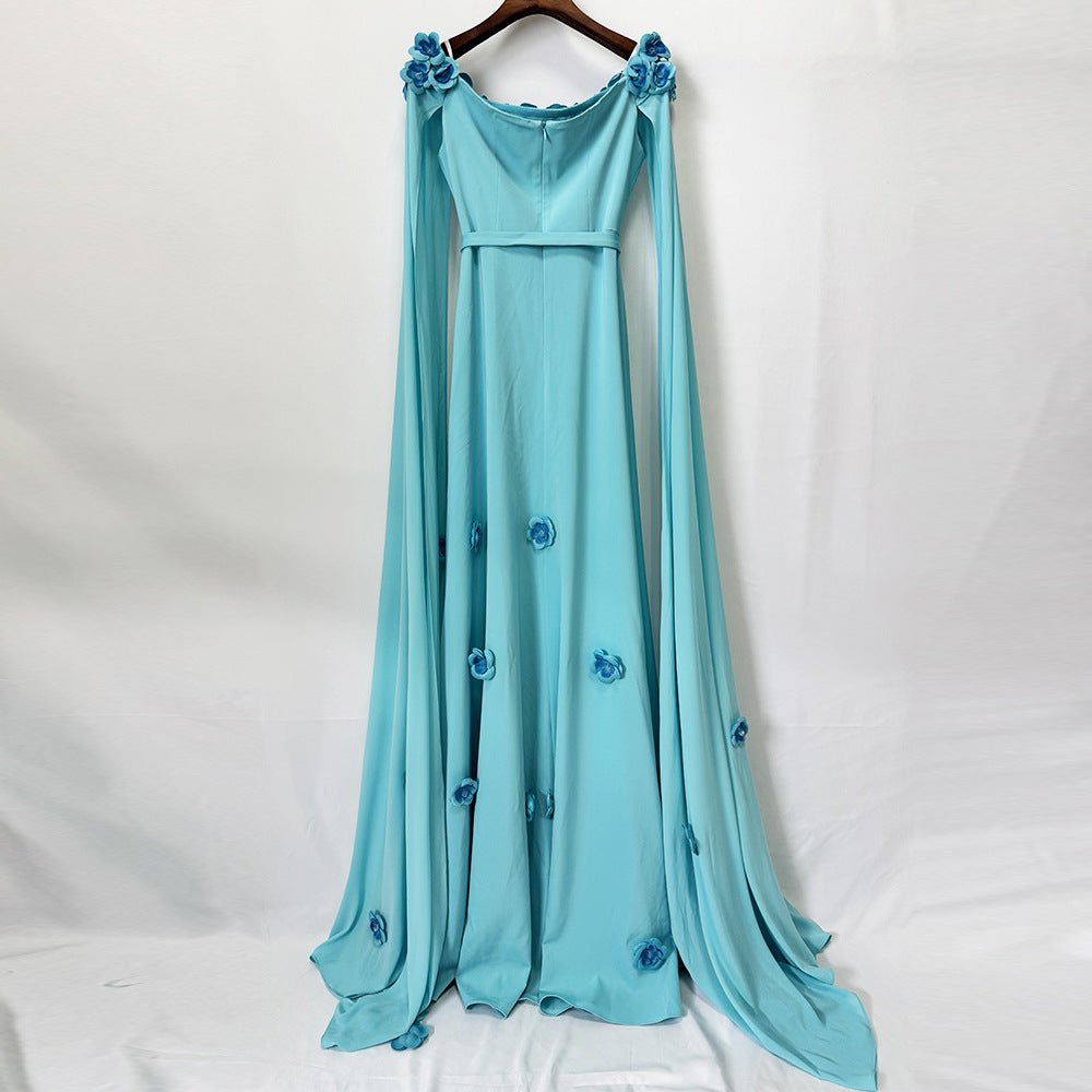 Light Blue 3D Floral Off Shoulder Cape Maxi DressEvening DressesLake BlueS(6)Luxe Lane