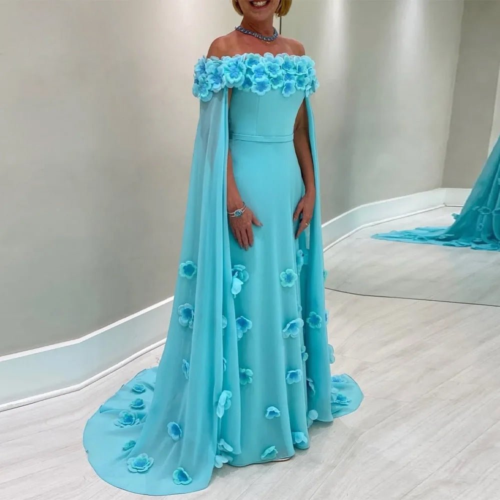 Light Blue 3D Floral Off Shoulder Cape Maxi DressEvening DressesLake BlueS(6)Luxe Lane