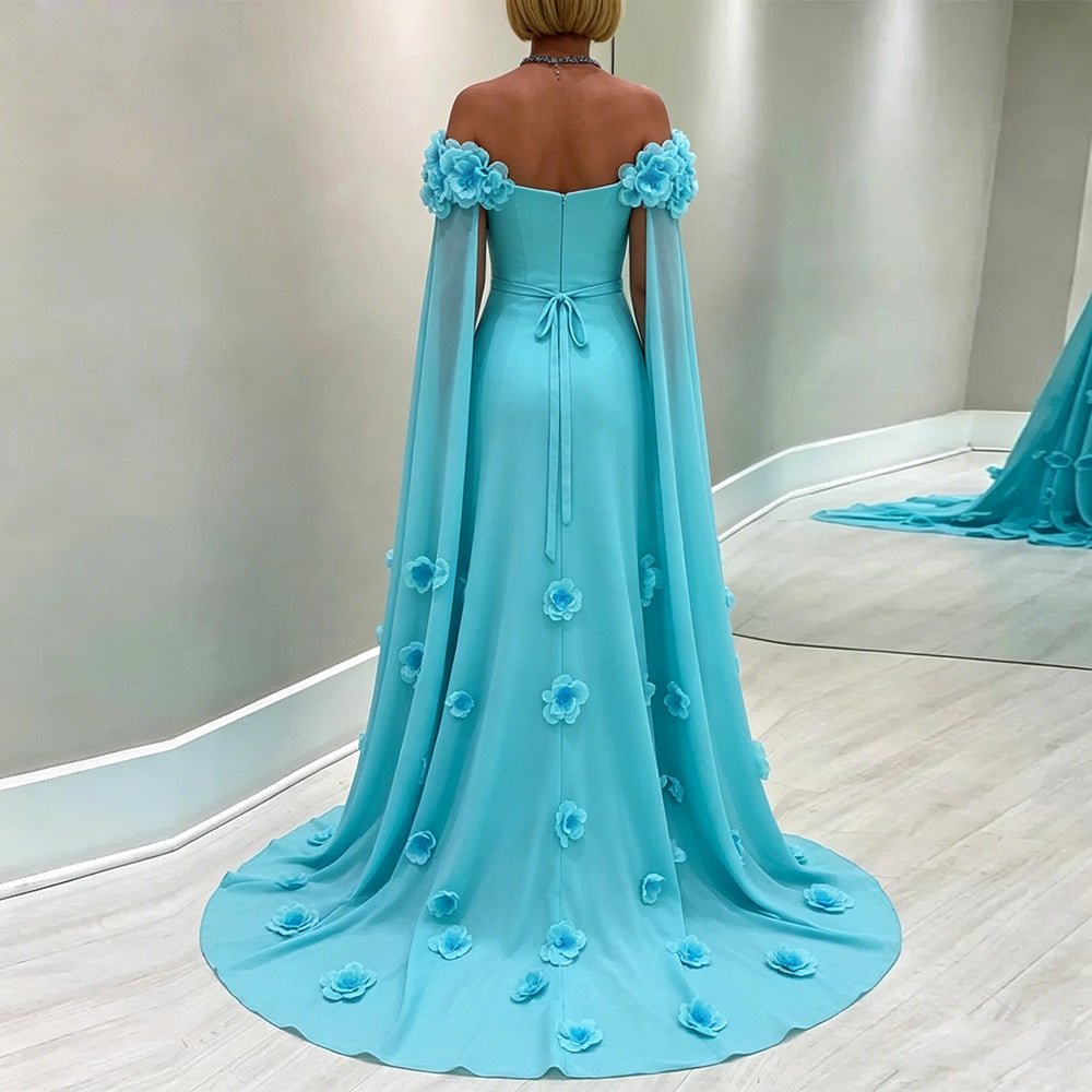 Light Blue 3D Floral Off Shoulder Cape Maxi DressEvening DressesLake BlueS(6)Luxe Lane