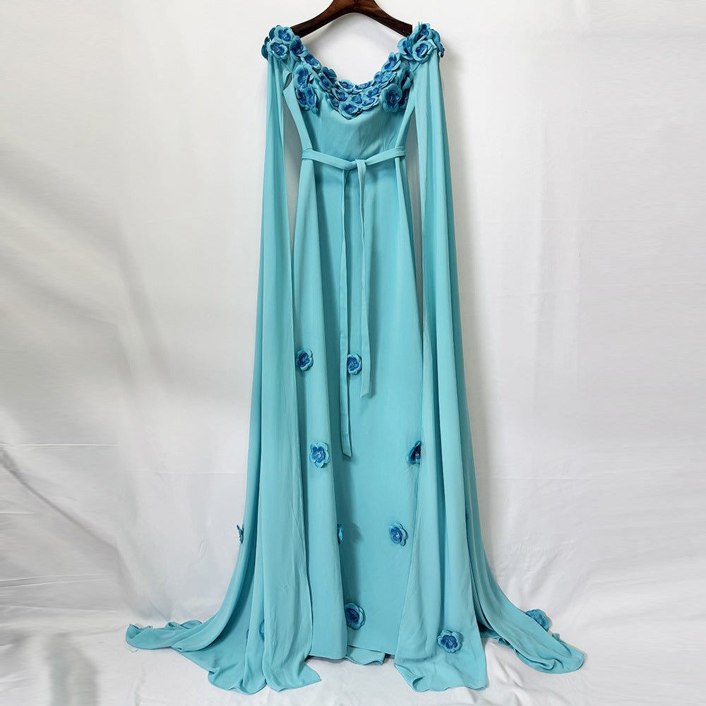 Light Blue 3D Floral Off Shoulder Cape Maxi DressEvening DressesLake BlueS(6)Luxe Lane