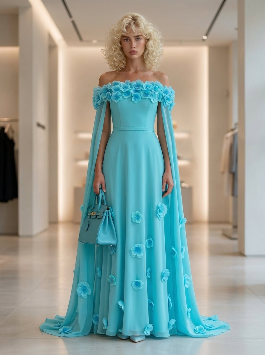 Light Blue 3D Floral Off Shoulder Cape Maxi DressEvening DressesLake BlueS(6)Luxe Lane
