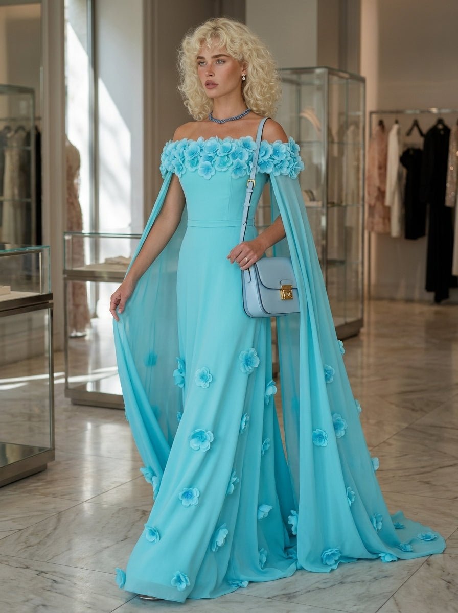 Light Blue 3D Floral Off Shoulder Cape Maxi DressEvening DressesLake BlueS(6)Luxe Lane