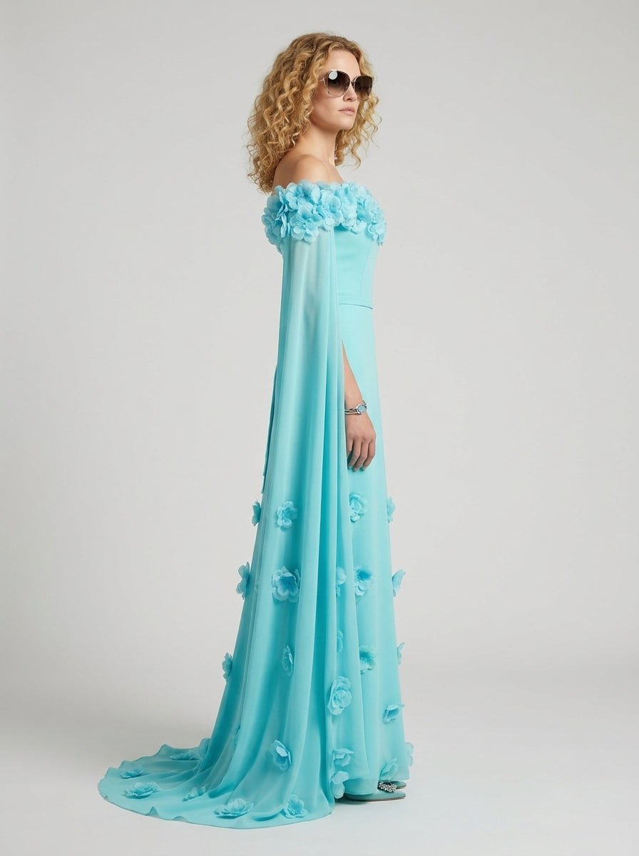 Light Blue 3D Floral Off Shoulder Cape Maxi DressEvening DressesLake BlueS(6)Luxe Lane