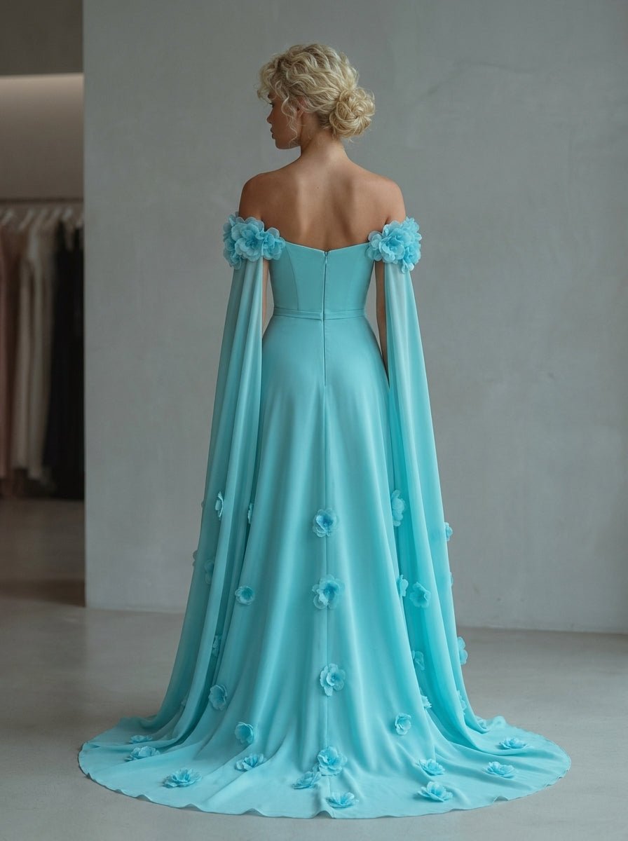 Light Blue 3D Floral Off Shoulder Cape Maxi DressEvening DressesLake BlueS(6)Luxe Lane