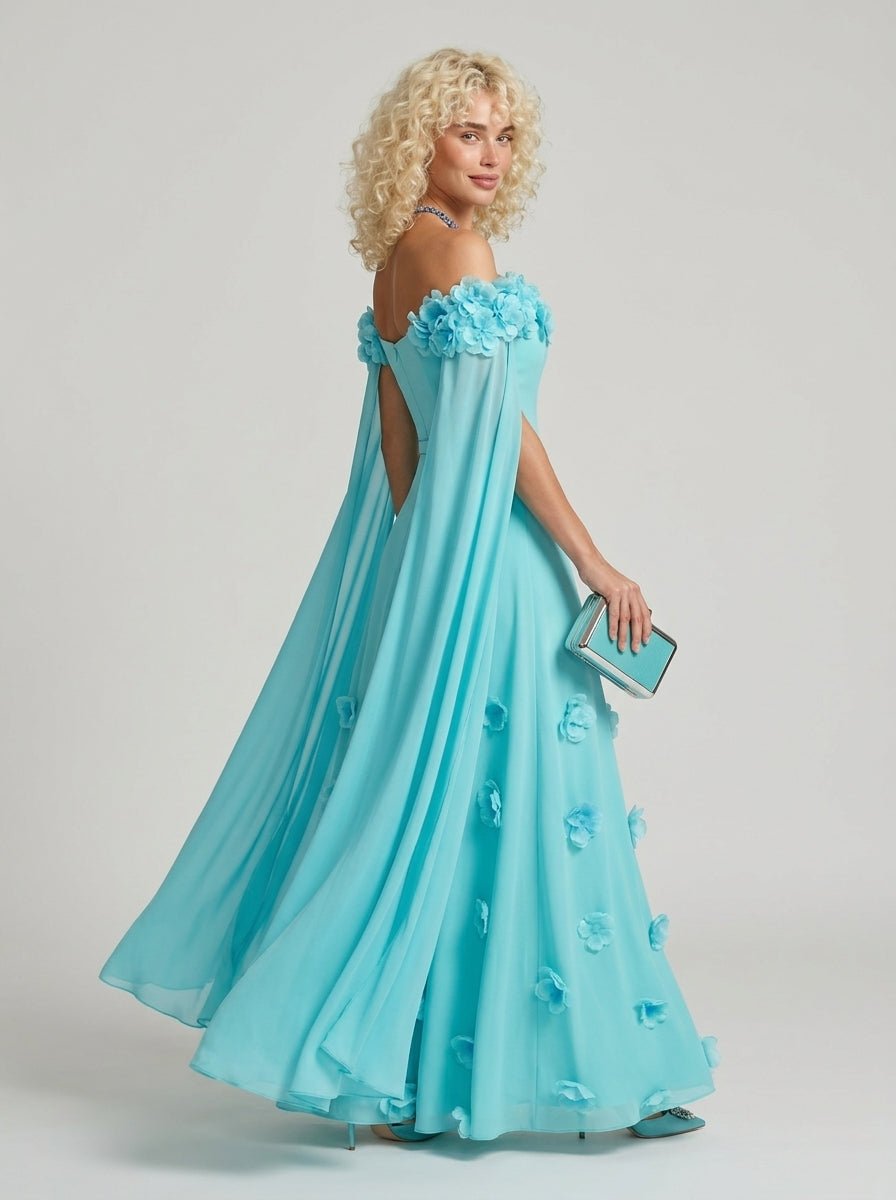 Light Blue 3D Floral Off Shoulder Cape Maxi DressEvening DressesLake BlueS(6)Luxe Lane