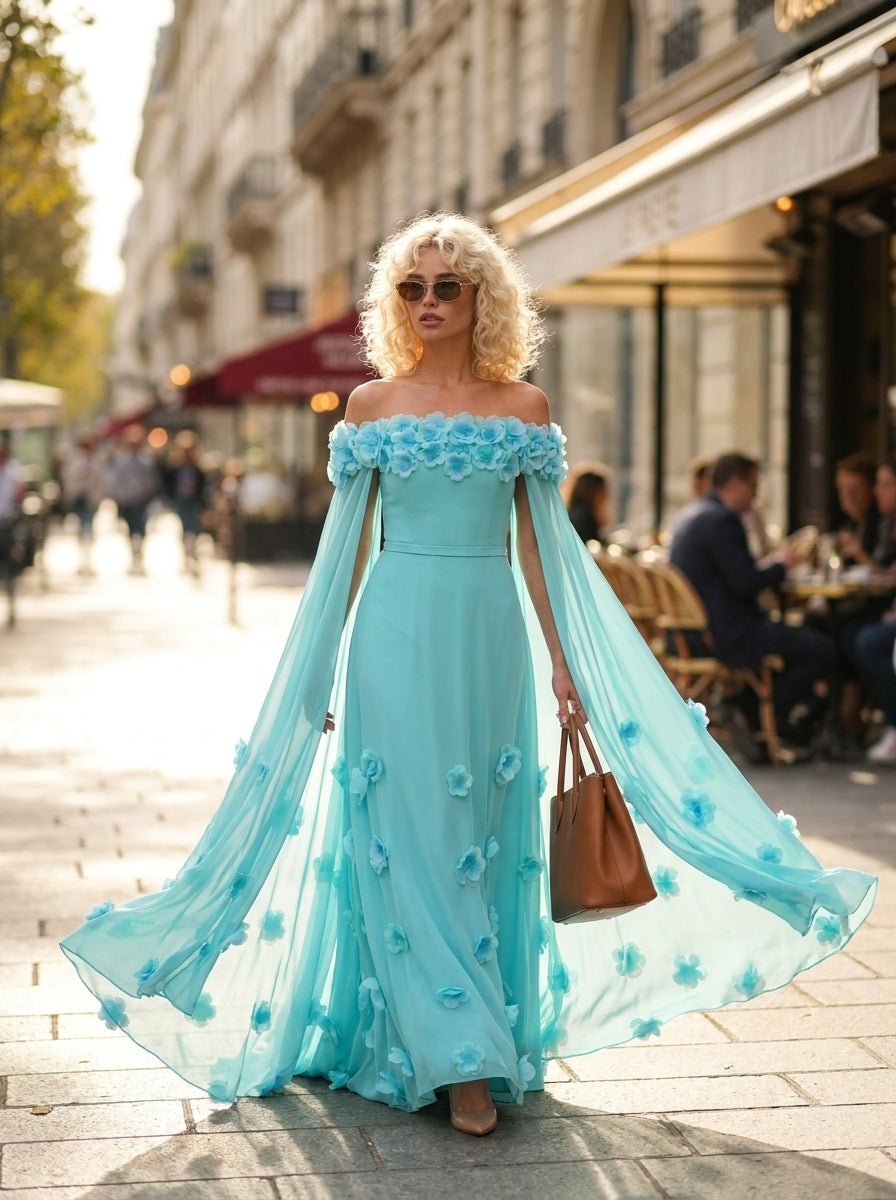 Light Blue 3D Floral Off Shoulder Cape Maxi DressEvening DressesLake BlueS(6)Luxe Lane