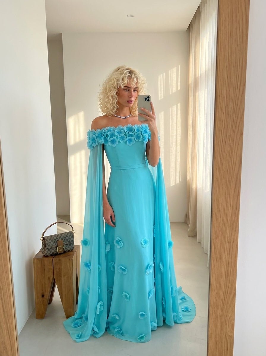 Light Blue 3D Floral Off Shoulder Cape Maxi DressEvening DressesLake BlueS(6)Luxe Lane