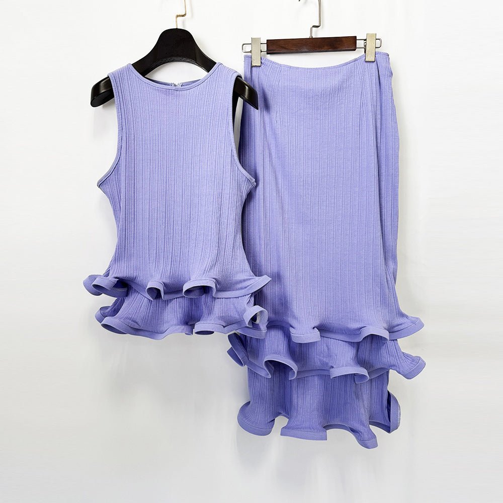 Lilac Ruffle Boat-Neck Top and Tiered Mermaid Maxi Skirt Two-Piece SetEvening DressesPurpleS(6)Luxe Lane