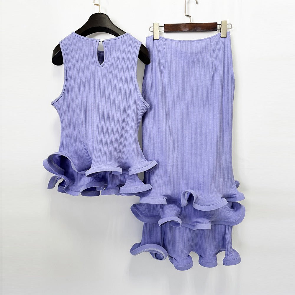Lilac Ruffle Boat-Neck Top and Tiered Mermaid Maxi Skirt Two-Piece SetEvening DressesPurpleS(6)Luxe Lane