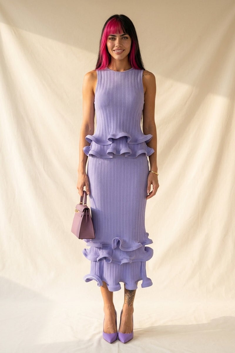 Lilac Ruffle Boat-Neck Top and Tiered Mermaid Maxi Skirt Two-Piece SetEvening DressesPurpleS(6)Luxe Lane