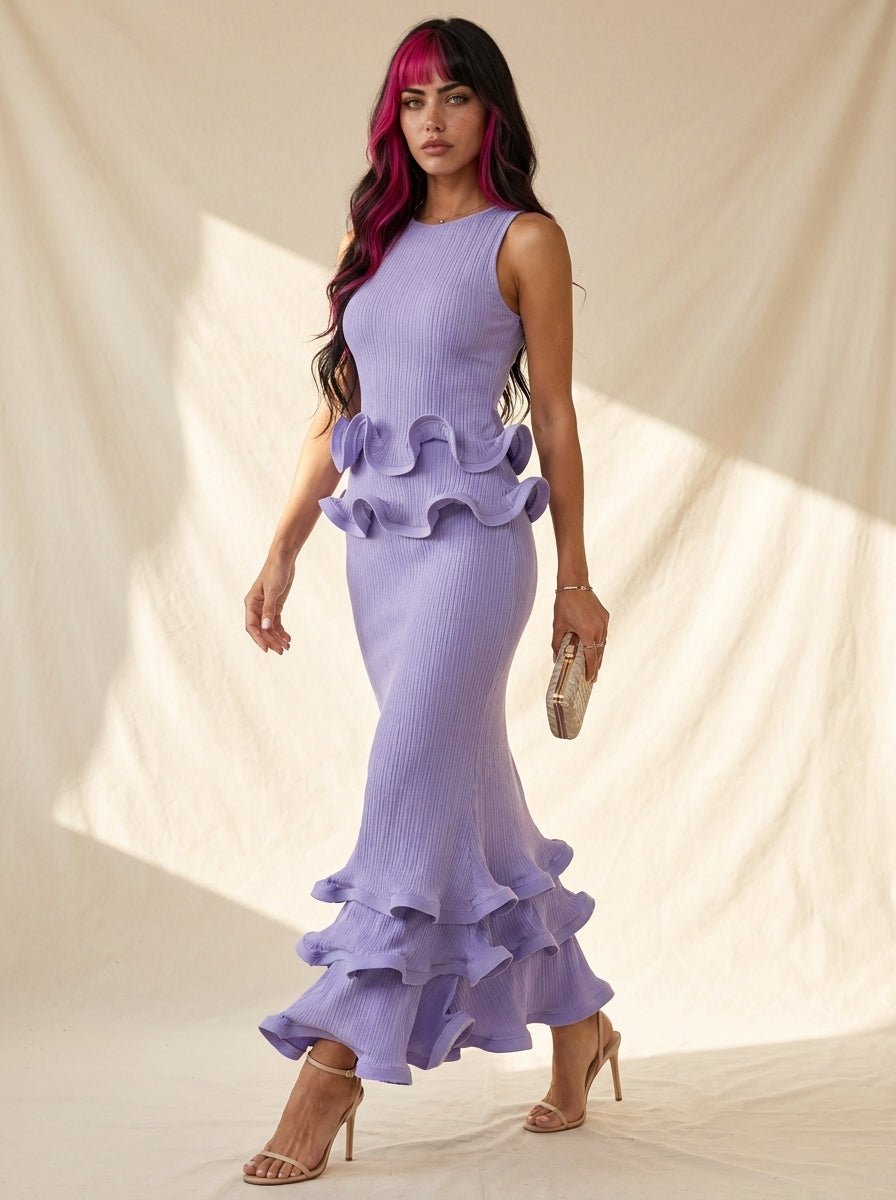 Lilac Ruffle Boat-Neck Top and Tiered Mermaid Maxi Skirt Two-Piece SetEvening DressesPurpleS(6)Luxe Lane