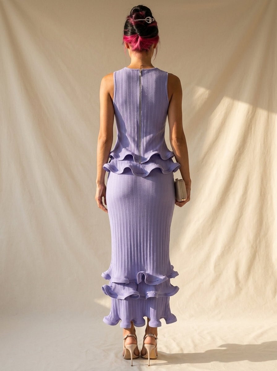 Lilac Ruffle Boat-Neck Top and Tiered Mermaid Maxi Skirt Two-Piece SetEvening DressesPurpleS(6)Luxe Lane
