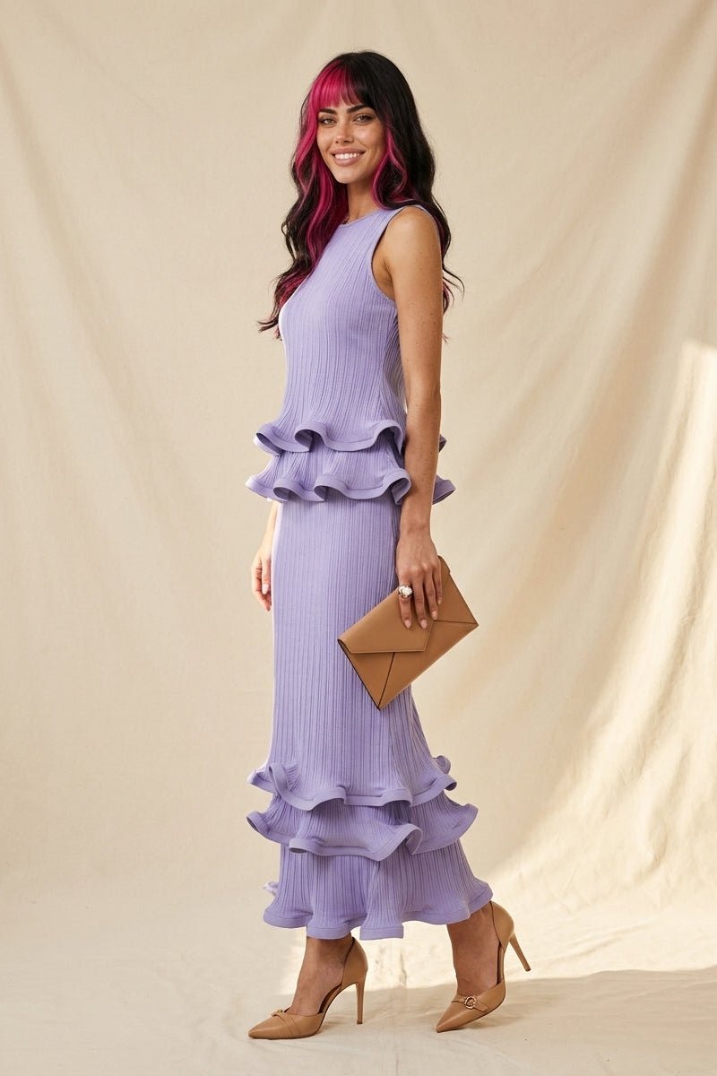 Lilac Ruffle Boat-Neck Top and Tiered Mermaid Maxi Skirt Two-Piece SetEvening DressesPurpleS(6)Luxe Lane