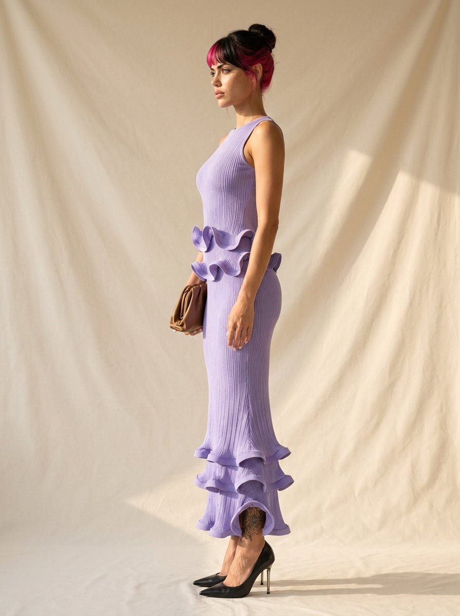 Lilac Ruffle Boat-Neck Top and Tiered Mermaid Maxi Skirt Two-Piece SetEvening DressesPurpleS(6)Luxe Lane