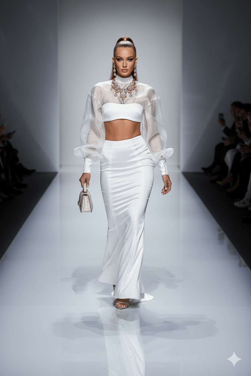 Long Sleeve Mermaid Two - Piece Set by Guangdong | one set from Luxe Lane | SKU: 5529-1 | Barcode:  | Options: White XS(0) | Long Sleeve Mermaid Two - Piece Set