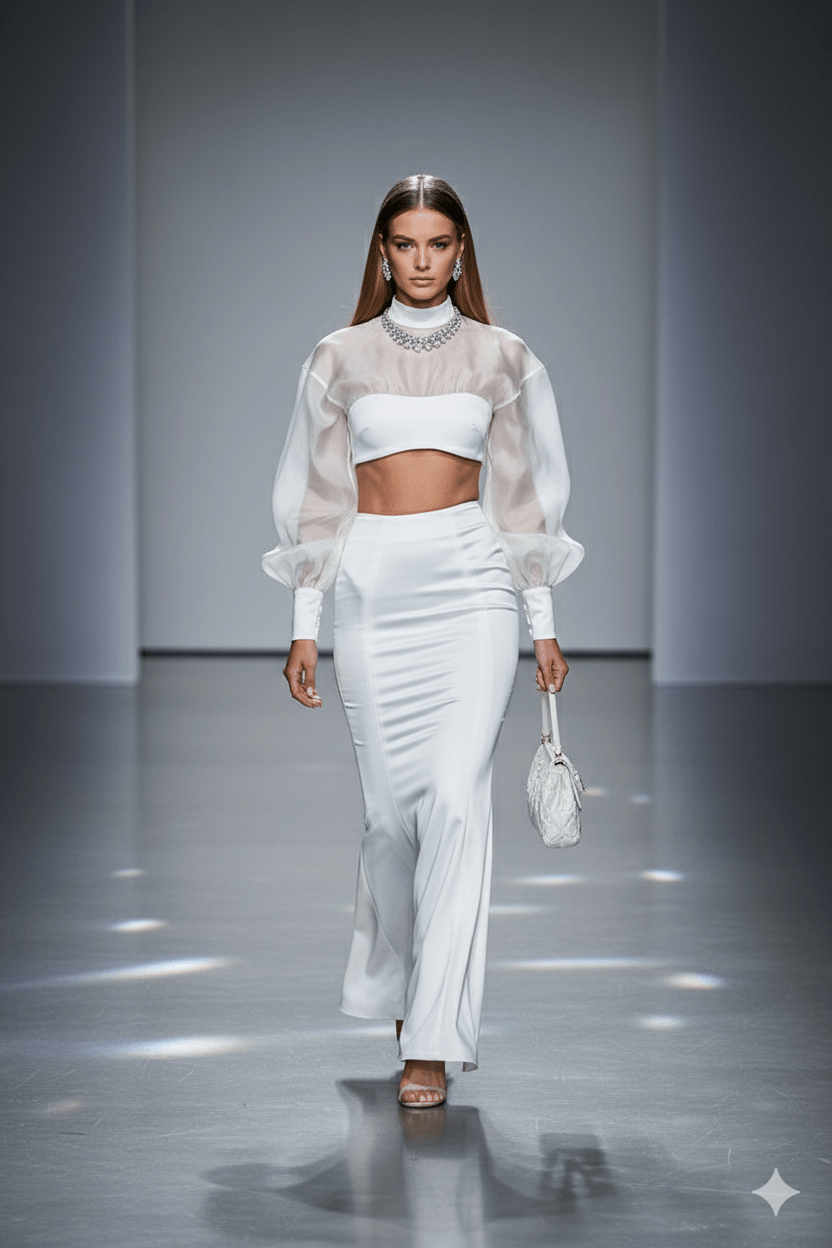 Long Sleeve Mermaid Two - Piece Set by Guangdong | one set from Luxe Lane | SKU: 5529-1 | Barcode:  | Options: White XS(0) | Long Sleeve Mermaid Two - Piece Set