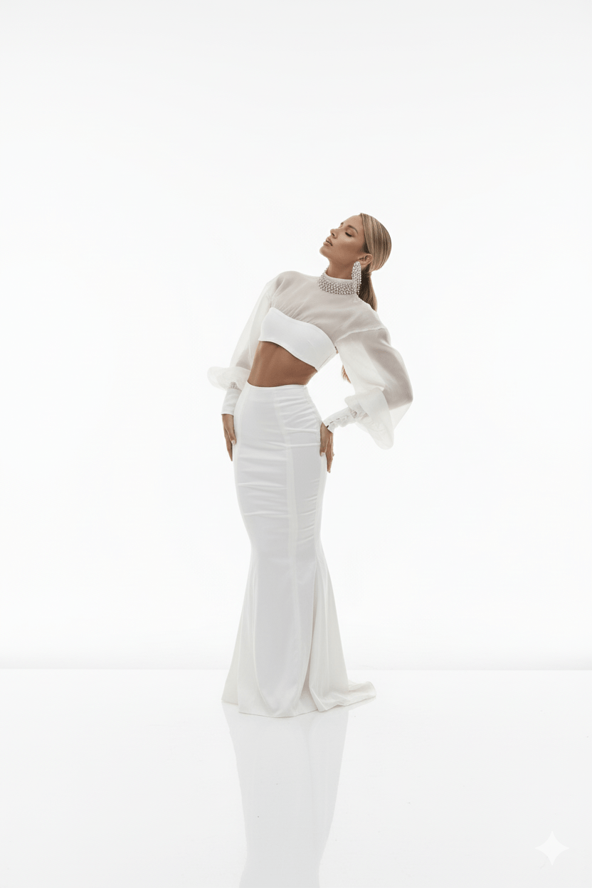 Long Sleeve Mermaid Two - Piece Set by Guangdong | one set from Luxe Lane | SKU: 5529-1 | Barcode:  | Options: White XS(0) | Long Sleeve Mermaid Two - Piece Set