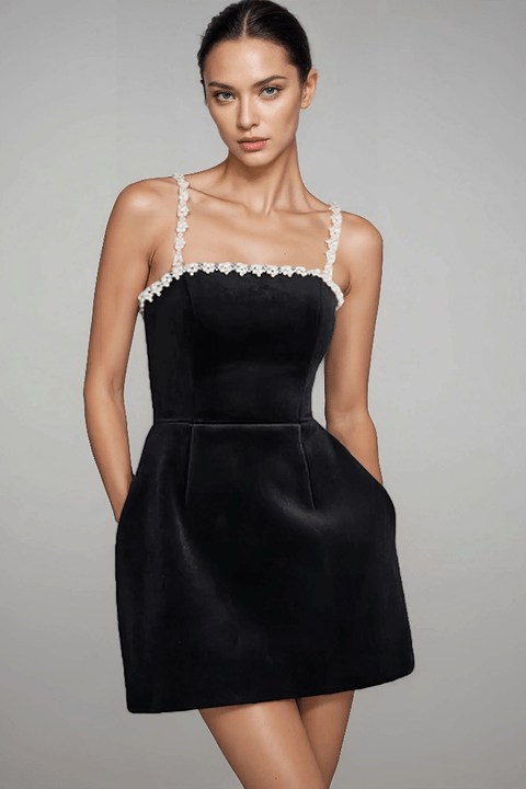 Lucia Pearl Strap Mini Dress by Luxe Lane | from Luxe Lane | SKU:  | Barcode:  | Options: Black S | Ladies Club Dresses Women's Elegant Black Sleeveless Beaded Summer Sexy Chic Party Mini Dress with Pearl Spaghetti Straps