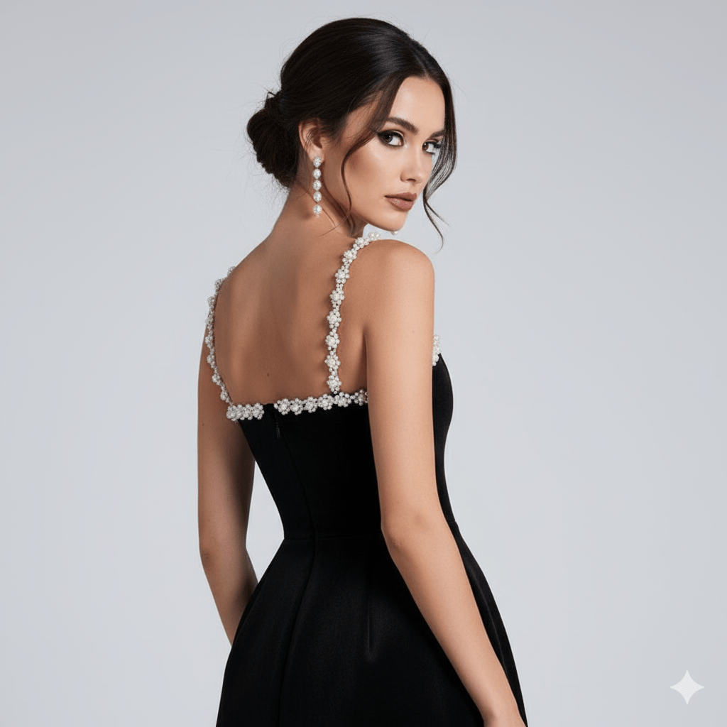 Lucia Pearl Strap Mini Dress by Luxe Lane | from Luxe Lane | SKU:  | Barcode:  | Options: Black S | Lucia Pearl Strap Mini Dress