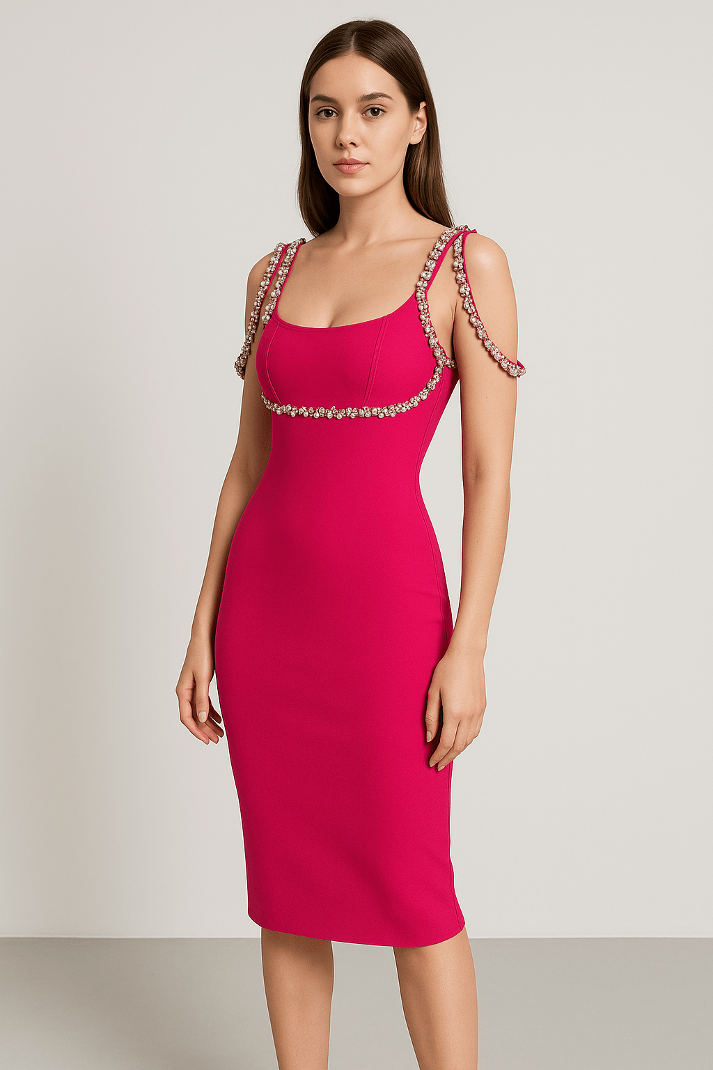 Lucia Rhinestone Strap Bodycon Dress by Luxe Lane | from Luxe Lane | SKU: 0 | Barcode:  | Options: Fuchsia S | Lucia Rhinestone Strap Bodycon Dress