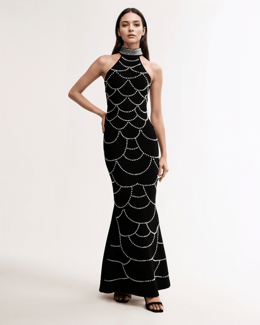 Lunara Pearl Halter Mermaid Gown by Shine | Dresses from Luxe Lane | SKU: -1 | Barcode:  | Options: Black S | Custom Pearl Halter Maxi Dress Elegant Mermaid Long Black Evening Gown Bodycon Prom Dresses Women Party Clothing Manufacturer