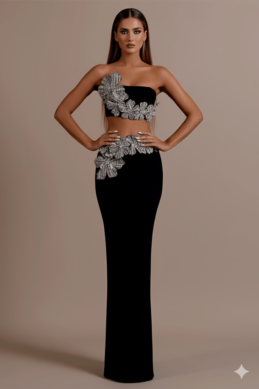Lunaria Crystal Strapless 2 - Piece Bandage Set by Luxe Lane | from Luxe Lane | SKU:  | Barcode:  | Options: Black XS | Lunaria Crystal Strapless 2 - Piece Bandage Set