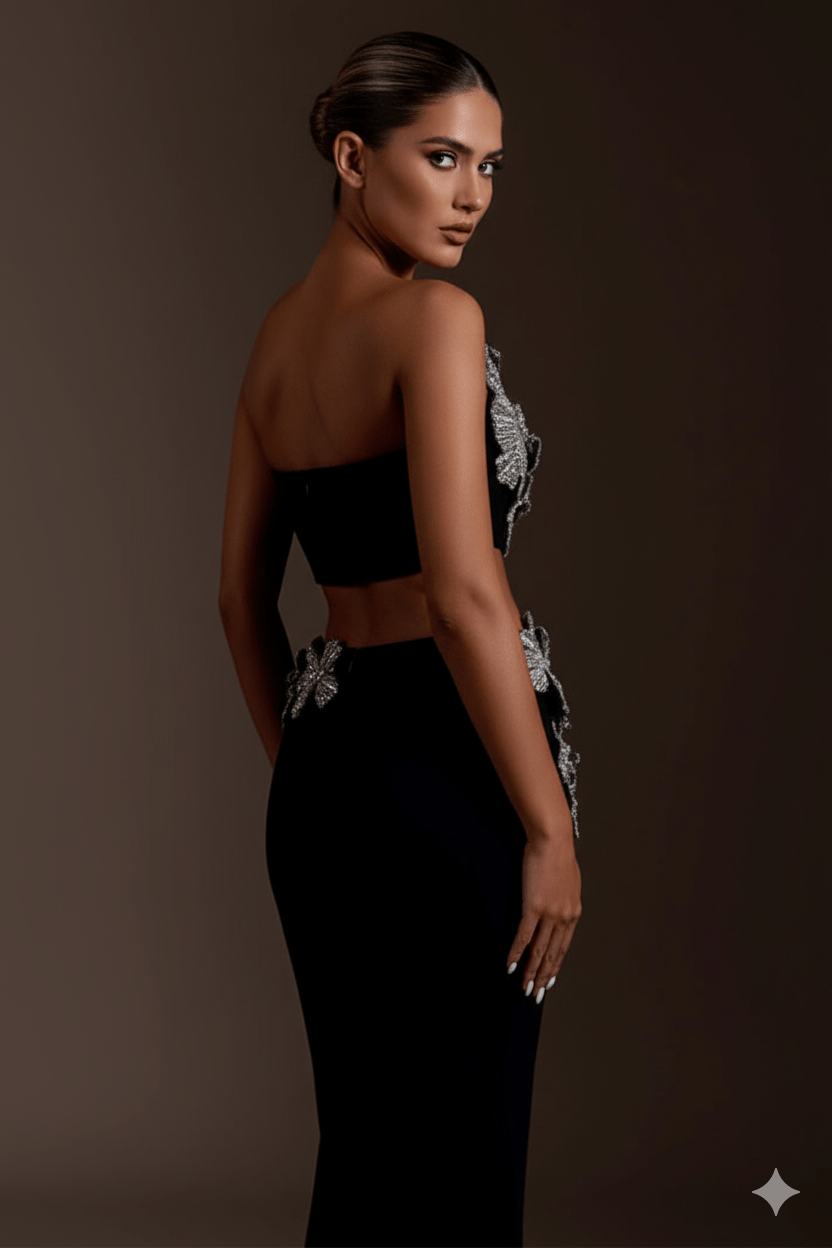 Lunaria Crystal Strapless 2 - Piece Bandage Set by Luxe Lane | from Luxe Lane | SKU:  | Barcode:  | Options: Black XS | Lunaria Crystal Strapless 2 - Piece Bandage Set