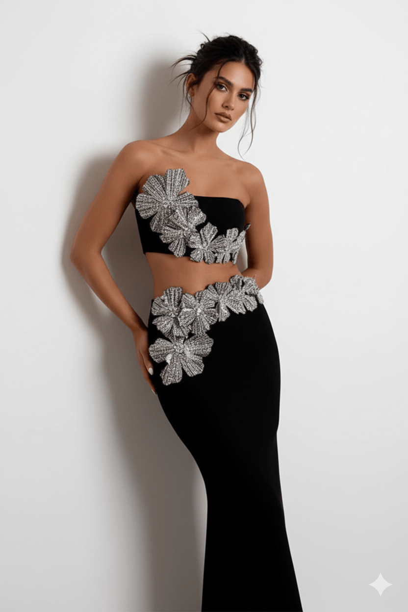 Lunaria Crystal Strapless 2 - Piece Bandage Set by Luxe Lane | from Luxe Lane | SKU:  | Barcode:  | Options: Black XS | Lunaria Crystal Strapless 2 - Piece Bandage Set