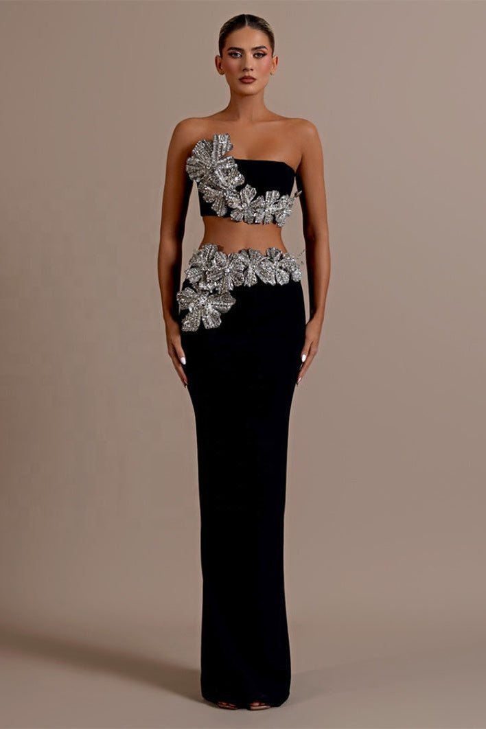 Lunaria Crystal Strapless 2 - Piece Bandage Set by Luxe Lane | from Luxe Lane | SKU:  | Barcode:  | Options: Black XS | Luxury Sexy Bandage Dress 2 - Piece Sets Shiny Diamonds Flower Strapless Evening Party Dresses Set for Woman