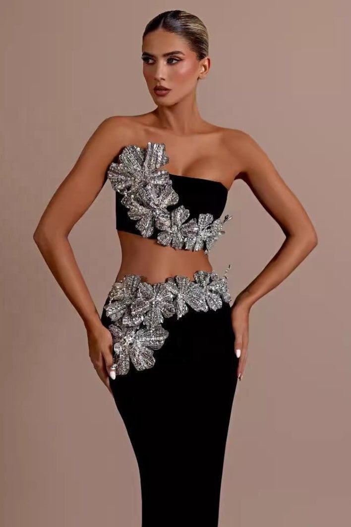 Lunaria Crystal Strapless 2 - Piece Bandage Set by Luxe Lane | from Luxe Lane | SKU:  | Barcode:  | Options: Black XS | Luxury Sexy Bandage Dress 2 - Piece Sets Shiny Diamonds Flower Strapless Evening Party Dresses Set for Woman