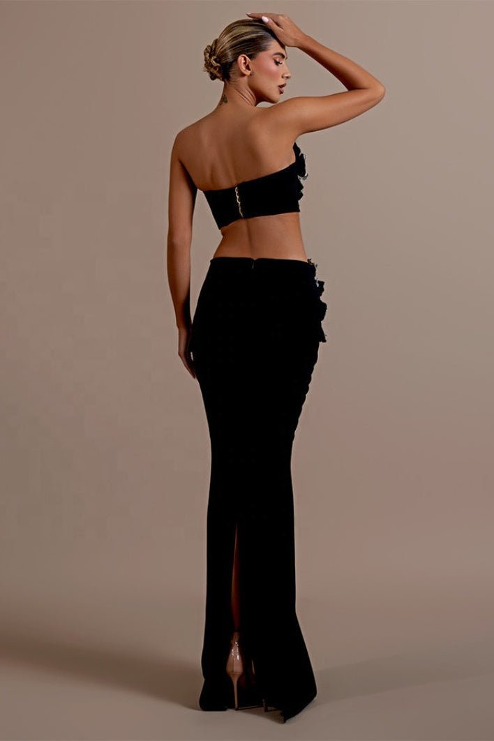 Lunaria Crystal Strapless 2 - Piece Bandage Set by Luxe Lane | from Luxe Lane | SKU:  | Barcode:  | Options: Black XS | Luxury Sexy Bandage Dress 2 - Piece Sets Shiny Diamonds Flower Strapless Evening Party Dresses Set for Woman