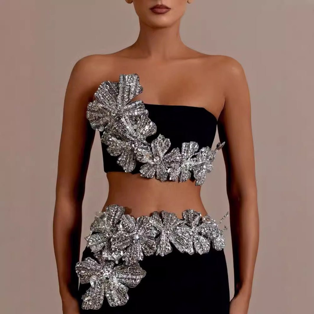 Lunaria Crystal Strapless 2 - Piece Bandage Set by Luxe Lane | from Luxe Lane | SKU:  | Barcode:  | Options: Black XS | Luxury Sexy Bandage Dress 2 - Piece Sets Shiny Diamonds Flower Strapless Evening Party Dresses Set for Woman