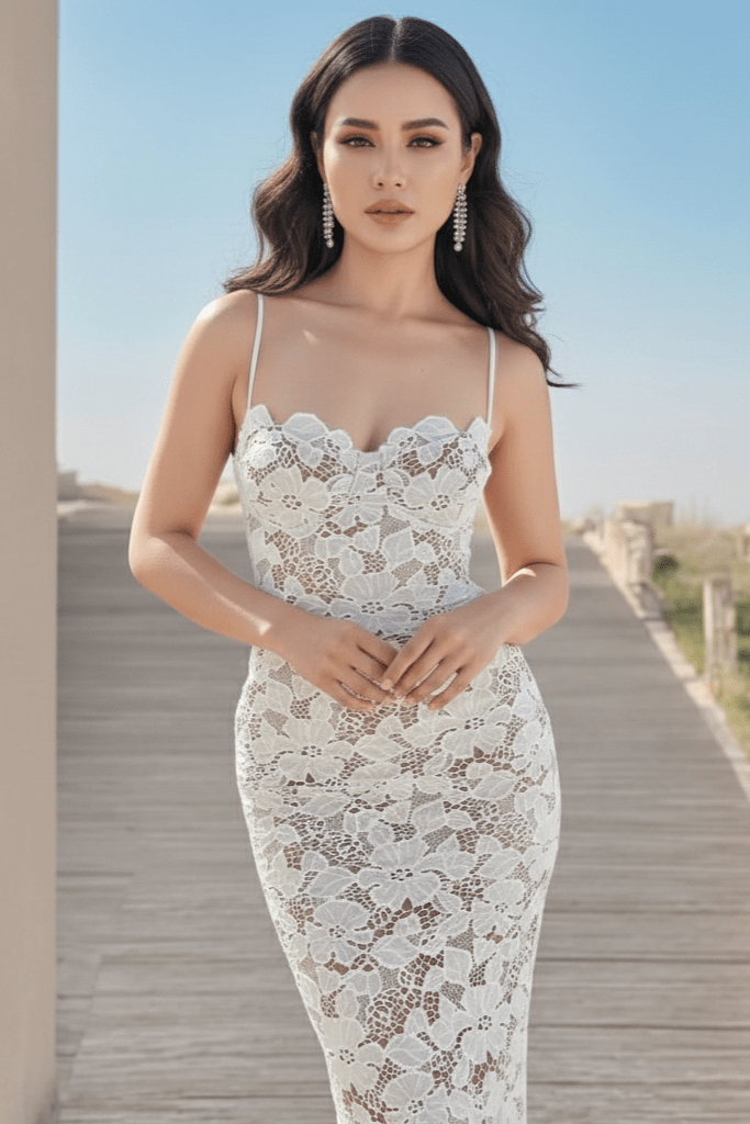 Luxurious Women's White Lace Mermaid Dress by Luxe Lane | from Luxe Lane | SKU:  | Barcode:  | Options: XS | Luxurious Women's White Lace Mermaid Dress