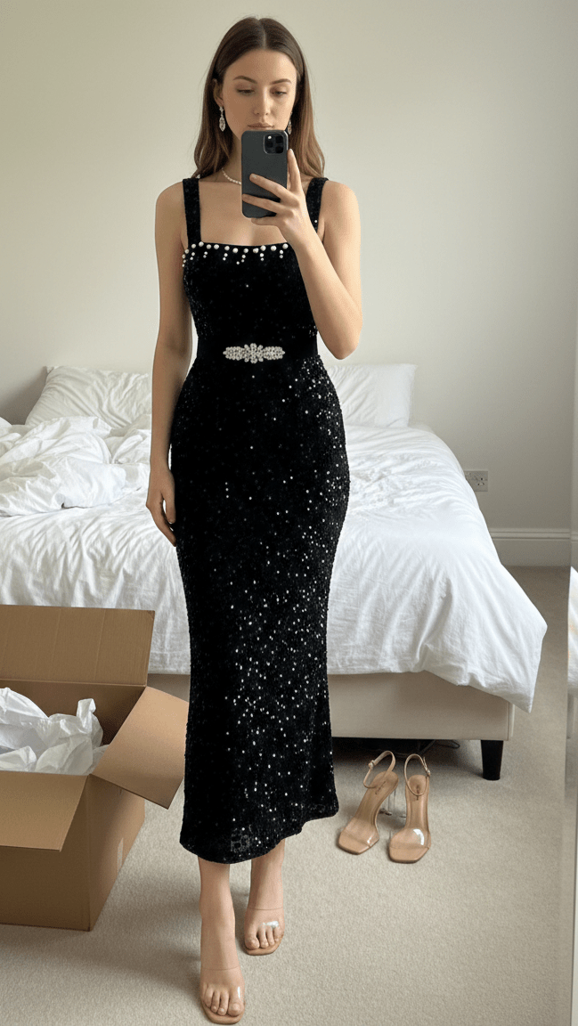 Luxury Black Sequin Bodycon Midi Evening DressDressesBlackS(2)Luxe Lane