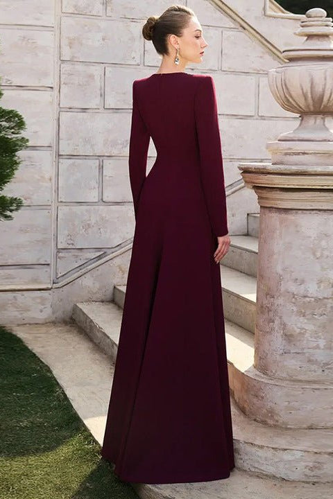 Luxury Burgundy Maxi Evening Gown Elegant Long Sleeve Beaded Neckline Formal Occasion Dress for Women Wedding Guest Banquet Gala by Shine | Party dresses from Luxe Lane | SKU: -1 | Barcode:  | Options: Burgundy S(2) | Luxury Burgundy Maxi Evening Gown Elegant Long Sleeve Beaded Neckline Formal Occasion Dress for Women Wedding Guest Banquet Gala