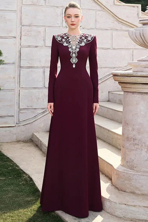 Luxury Burgundy Maxi Evening Gown Elegant Long Sleeve Beaded Neckline Formal Occasion Dress for Women Wedding Guest Banquet Gala by Shine | Party dresses from Luxe Lane | SKU: -1 | Barcode:  | Options: Burgundy S(2) | Luxury Burgundy Maxi Evening Gown Elegant Long Sleeve Beaded Neckline Formal Occasion Dress for Women Wedding Guest Banquet Gala