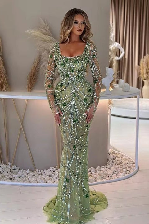 Luxury Dubai Green Mermaid Evening Dress Long Sleeves coming soonDressesChampagne2Luxe Lane