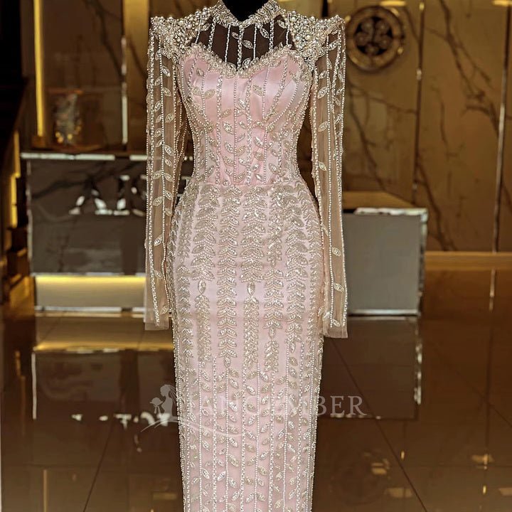 Luxury Pink Beaded Evening Dress Long Sleeves coming soonEvening DressChampagne2(UK 6)Luxe Lane